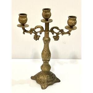 Antique Brass Candelabra Gothic Ornate 3 Arm Vintage Gold Etched Candle Holder